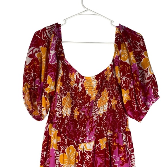 NEW Roxy Barefoot Bade Smocked Romper Large Red Pink Orange Hibiscus Floral - Picture 4 of 13